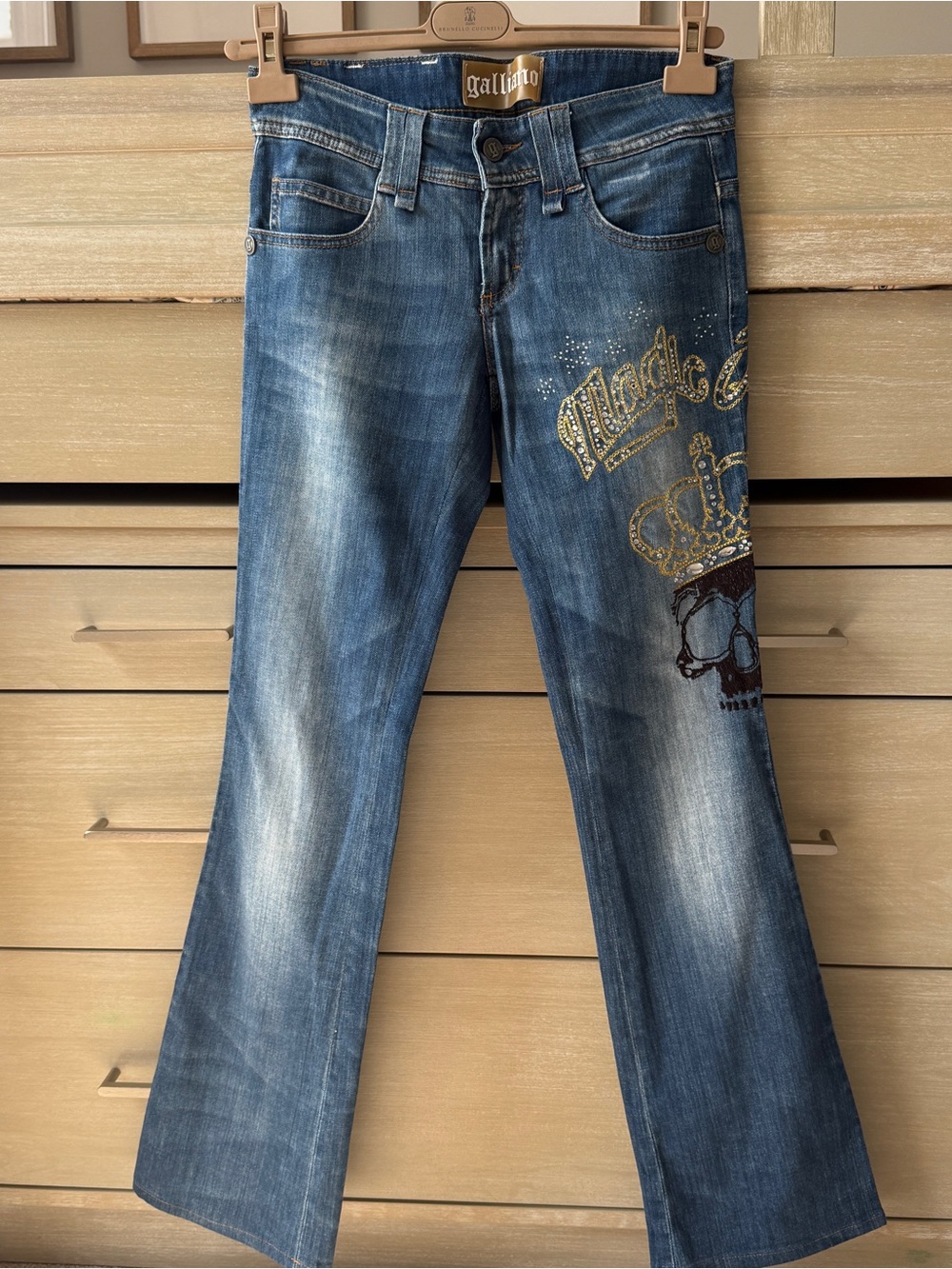 Galliano Blue Embellished boot-cut Jeans with Gold Crown Detail